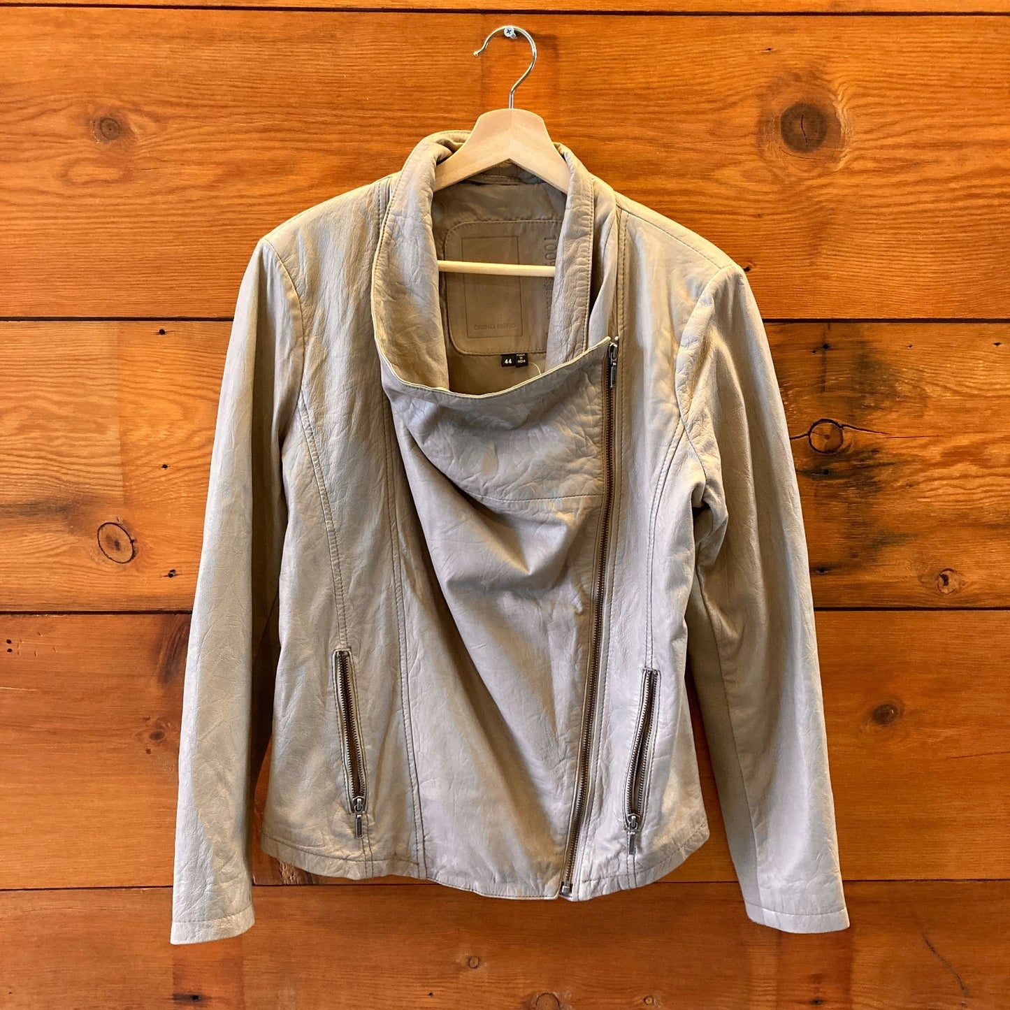 44 / L - Cigno Nero Light Gray Draped Asymmetric Zip Leather Jacket 0306SM