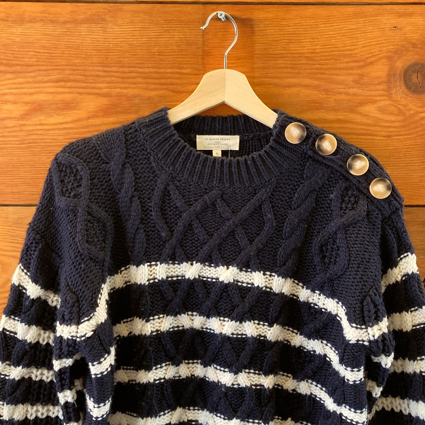 Sezane Navy White Stripe Cable Knit James Cotton Blend Sweater - Size M - 0813RM