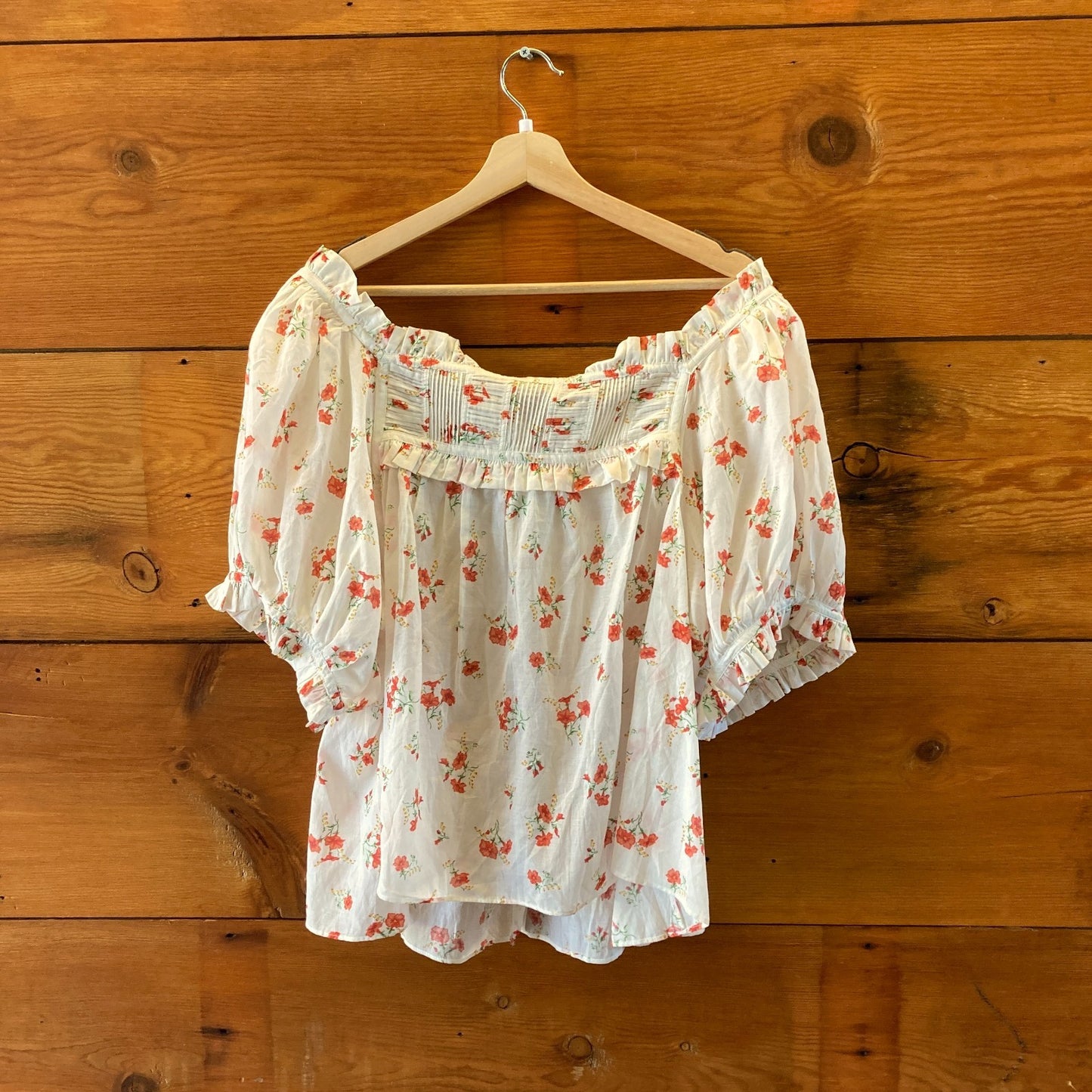 Doen White Floral Cotton Short Sleeve Organic Blouse Top - Size XXL - 0426KH