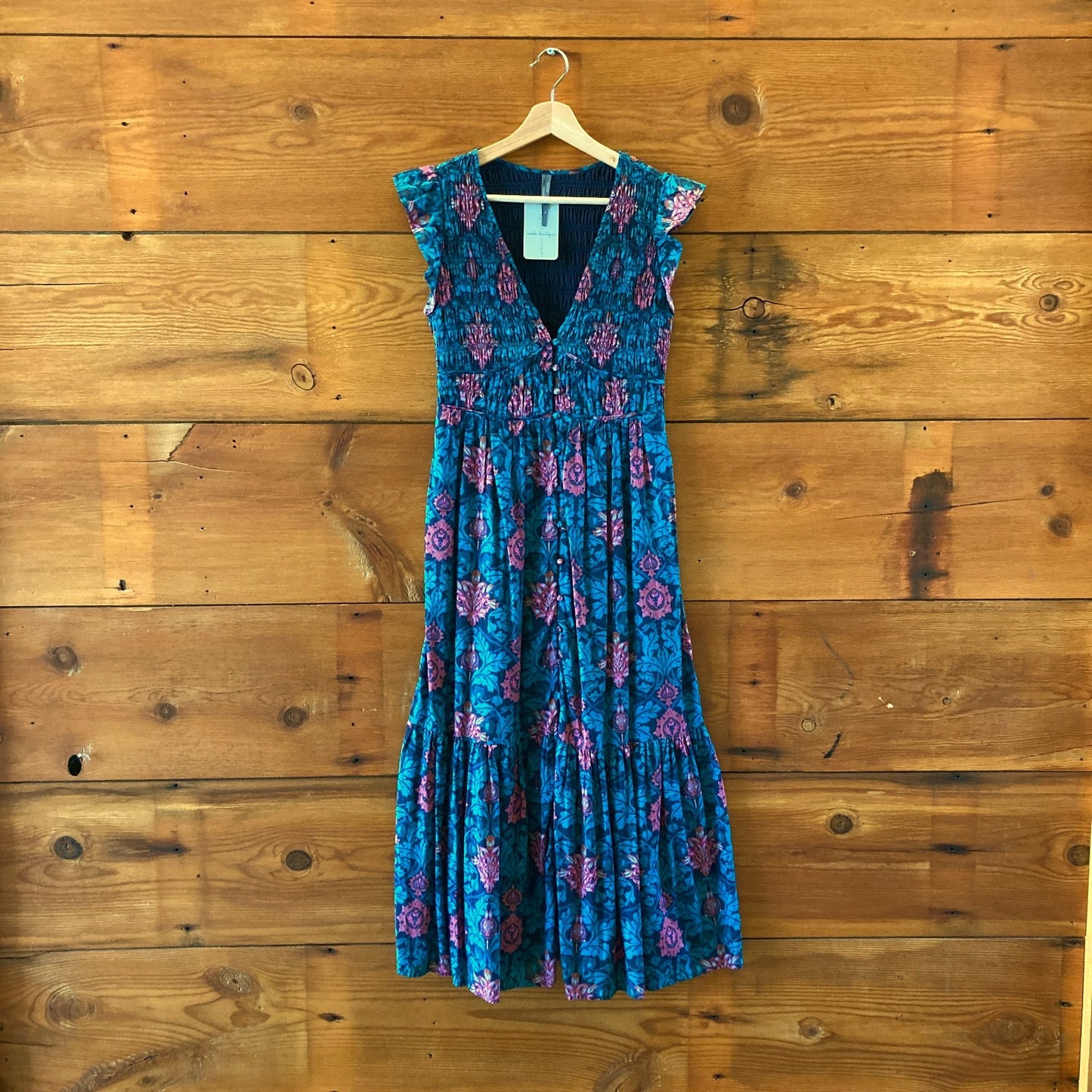 Anthropologie Teal Floral Print Smocked Peregrine Midi Dress - Size XS - 0528CD
