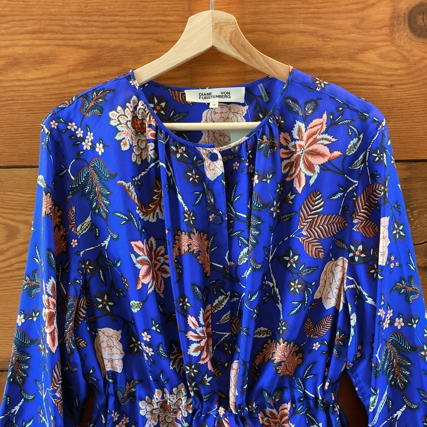 Diane von Furstenberg Navy Floral Silk Long Sleeve Wrap Dress - Size 10 - 0417DL
