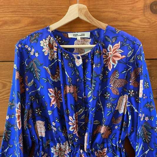 Diane von Furstenberg Navy Floral Silk Long Sleeve Wrap Dress - Size 10 - 0417DL