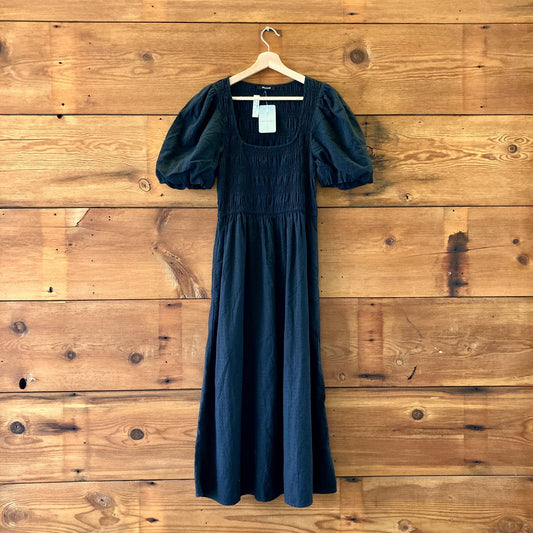 Madewell $128 Black Smocked Short Sleeve Lucie Dress - Size 10 - NEW - 0523HS