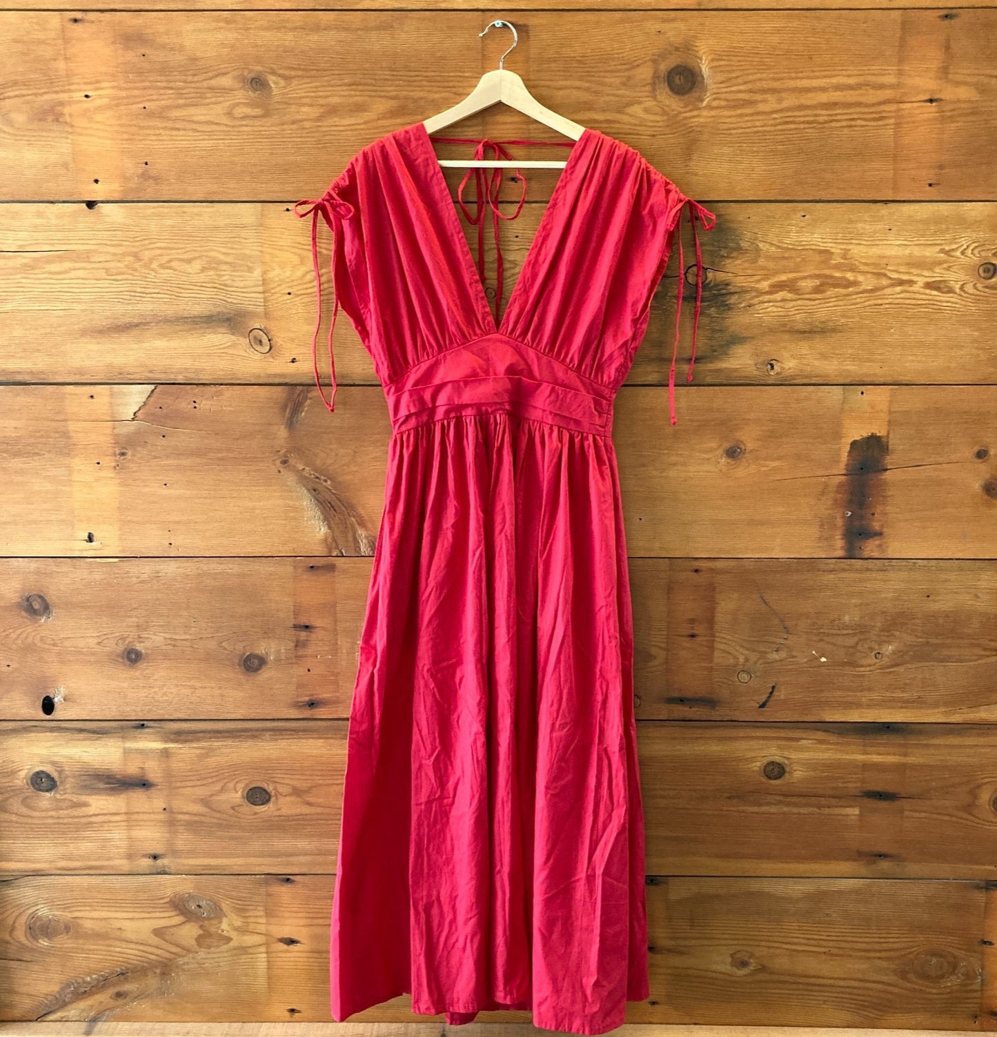 ELF Red Rafina Goddess Ruched Tie Shoulder Maxi Dress - Size S - 0618SK