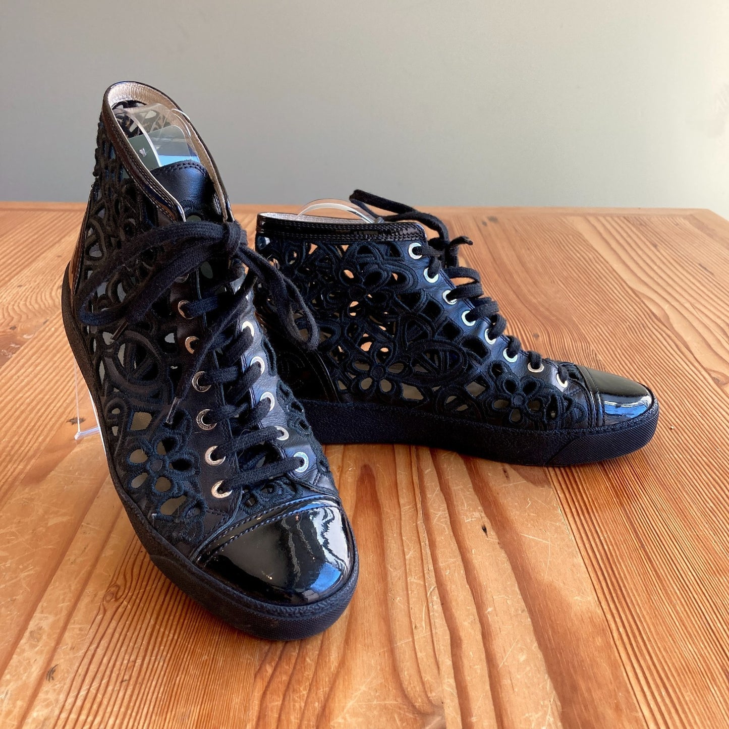Chanel Black Floral Laser Cut Camelia High Tops Sneakers Shoes - Size 8 - 0709EH