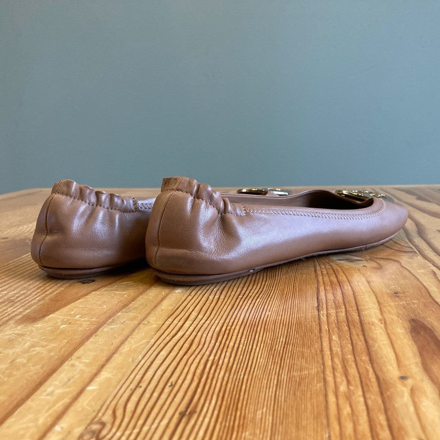 10 - Tory Burch Honey Brown Soft Leather Gold Emblem Reva Flats Shoes 0206BS