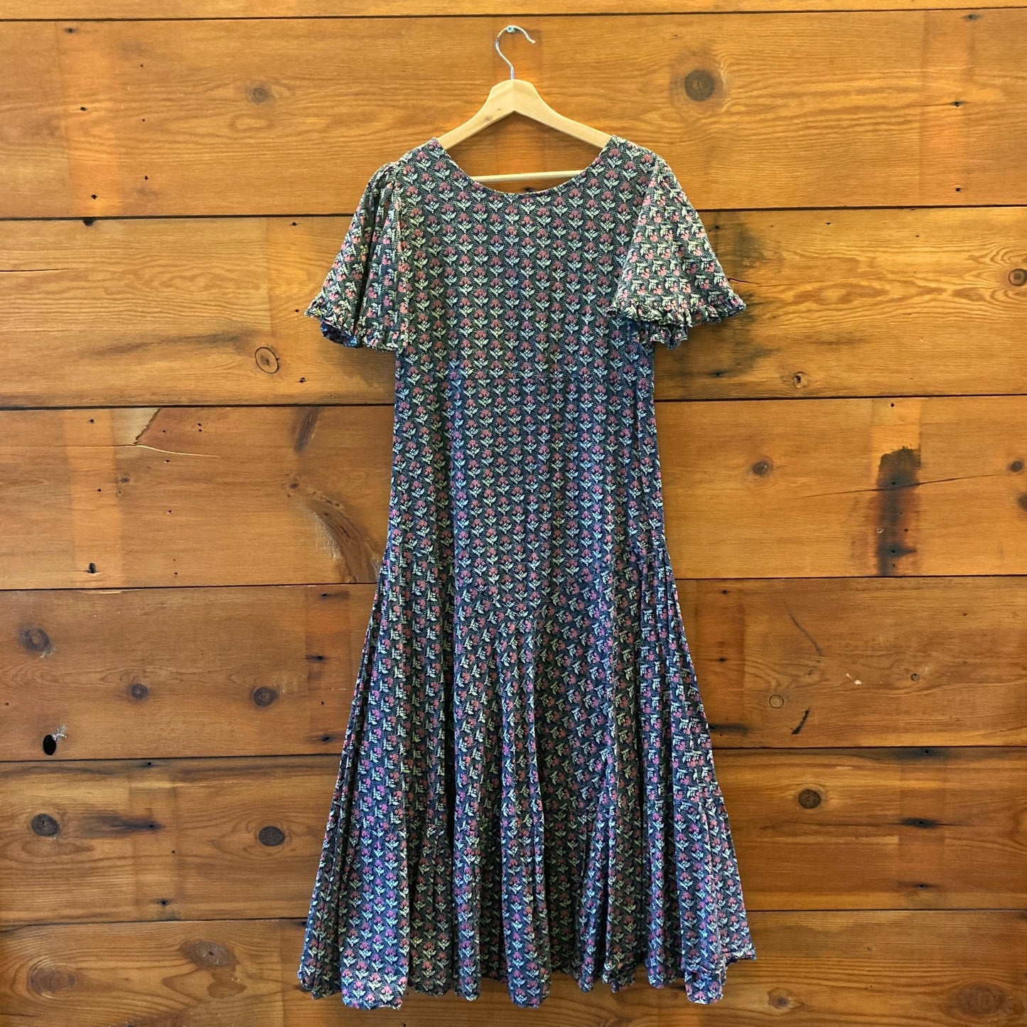 M - Voloshin Navy Pink Floral Print Ruffle Short Sleeve Boho Maxi Dress 0416JW