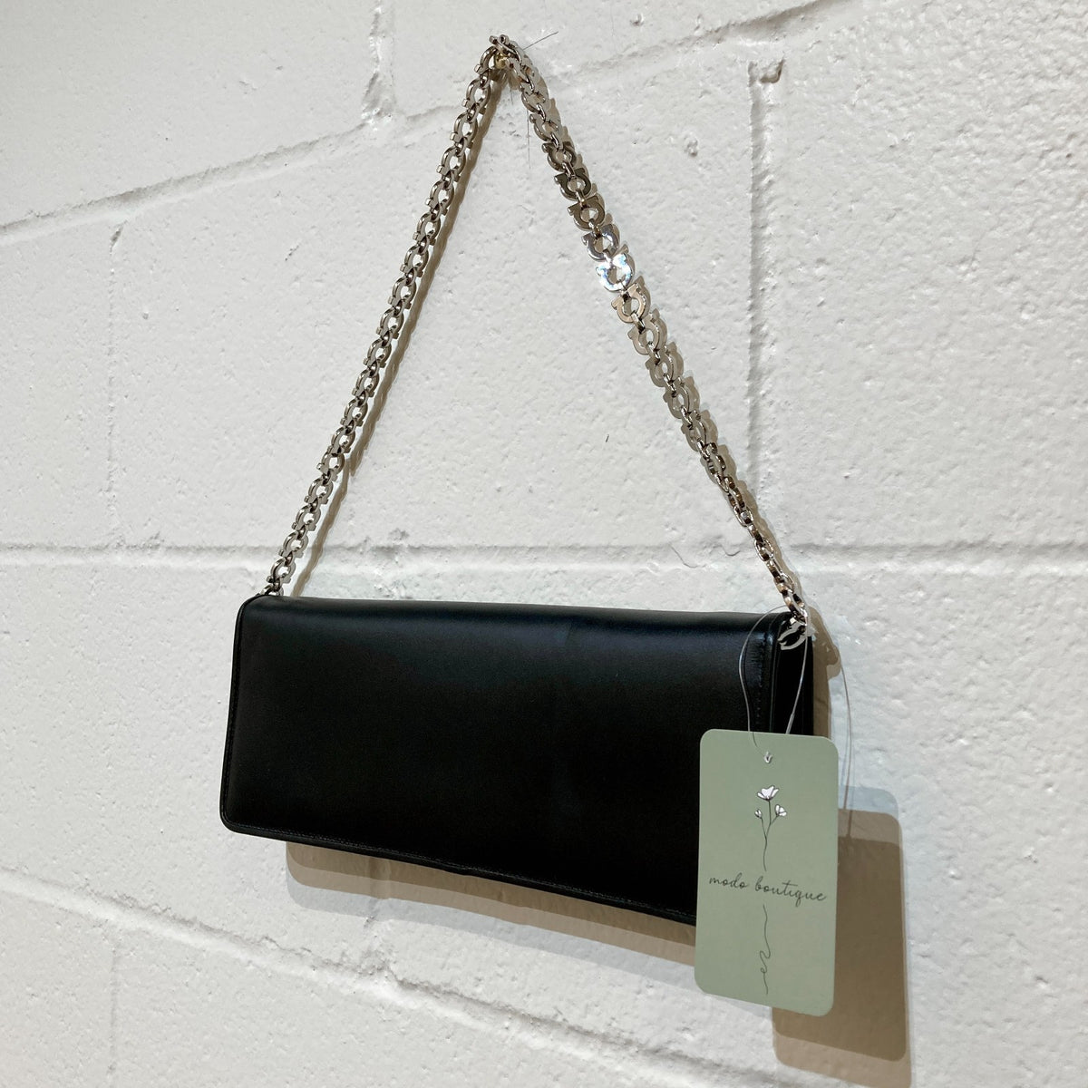 Salvatore Ferragamo Black Smooth Leather Chain Strap Clutch Purse - 0210AM