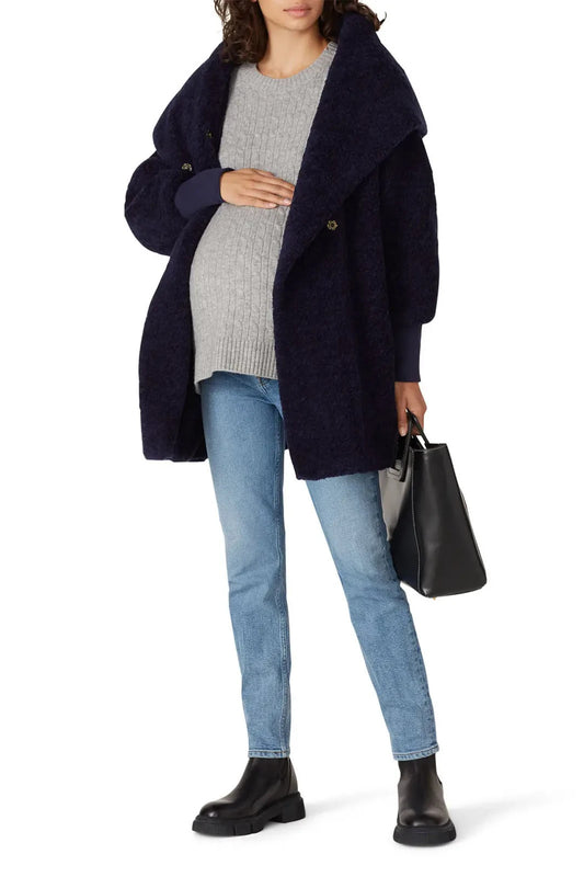 OS - Hatch Navy Maternity Asymmetric Coco Faux Sherpa Fleece Wrap Jacket 0620AK