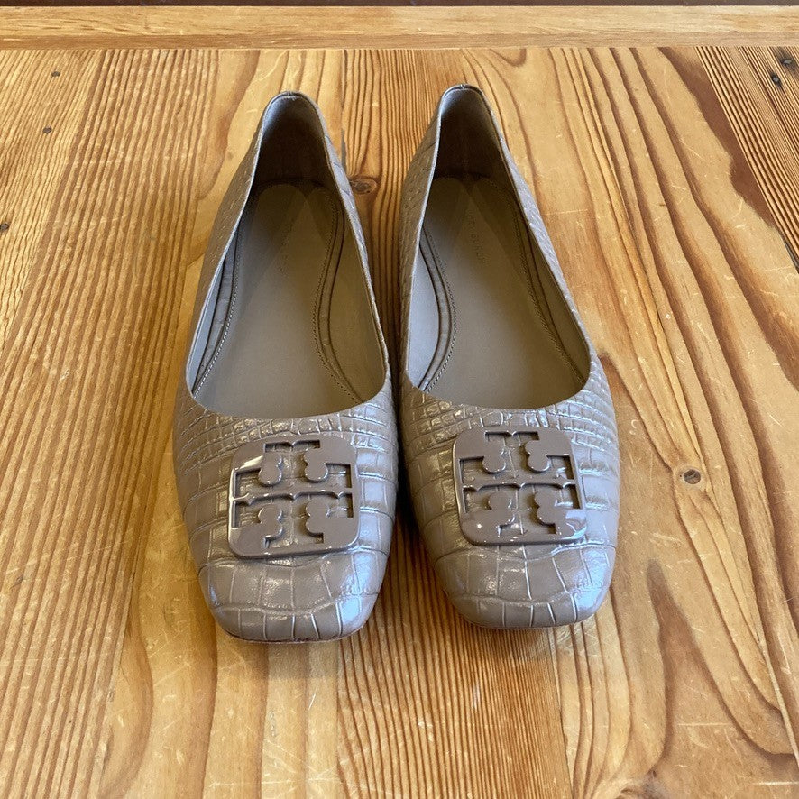 10 - Tory Burch Tan Brown Patent Leather Croc Embossed Flats Shoes 0206BS