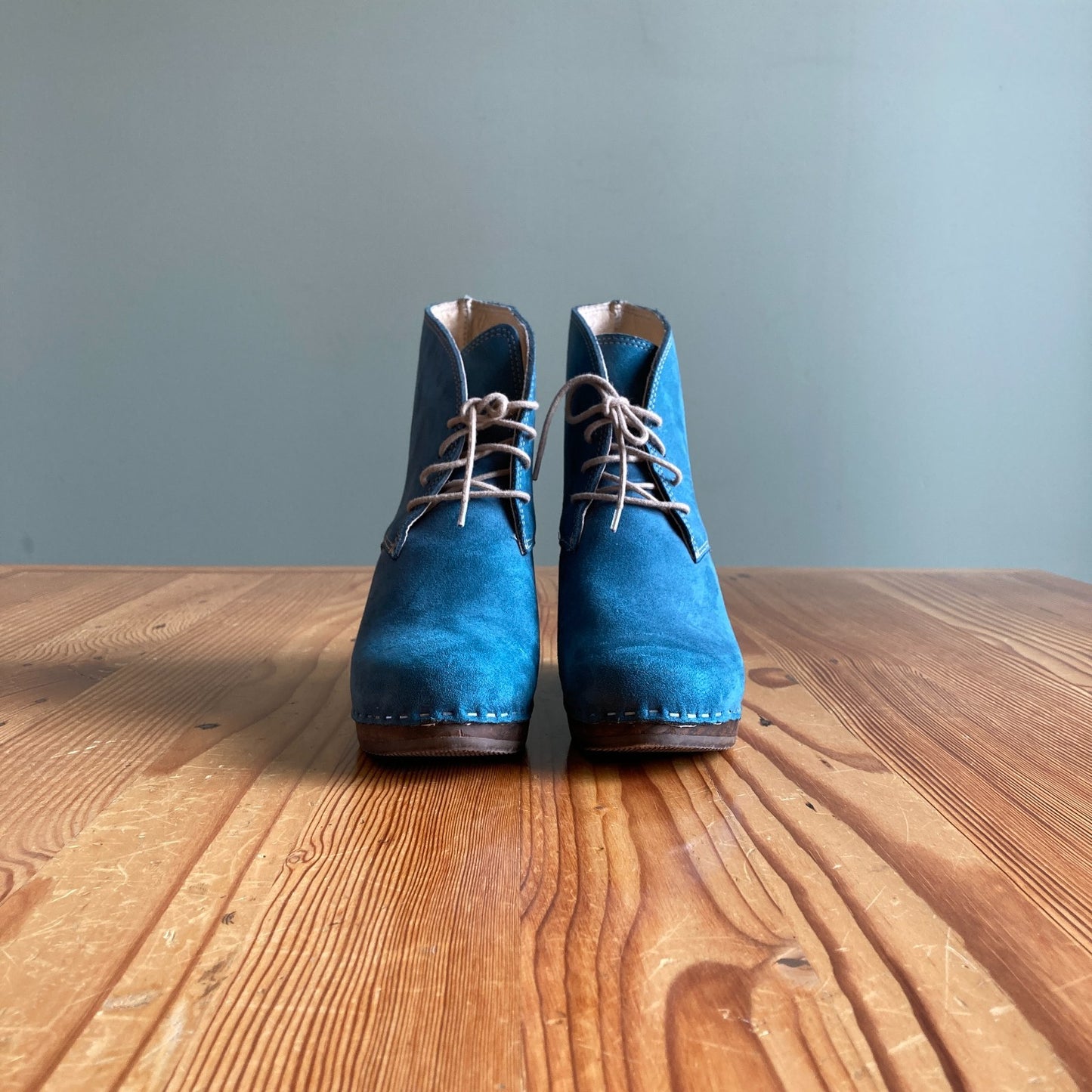 8 - Maguba Teal Leather Casablanca Wooden Wedge Boots Swedish Clogs 1120JM