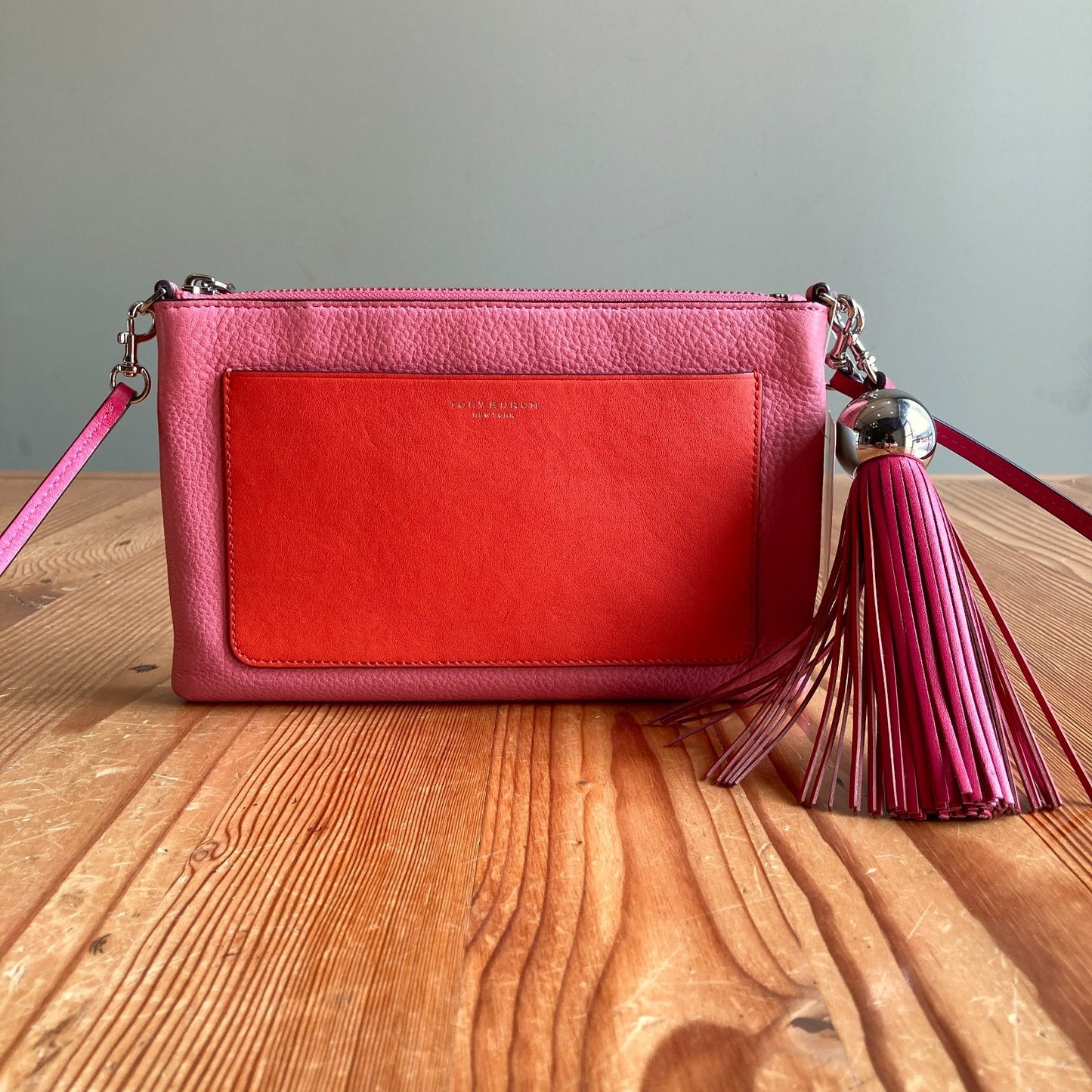 Tory Burch Pink Red Color-Block Leather Tassel Cross-Body Bag - 0521AB