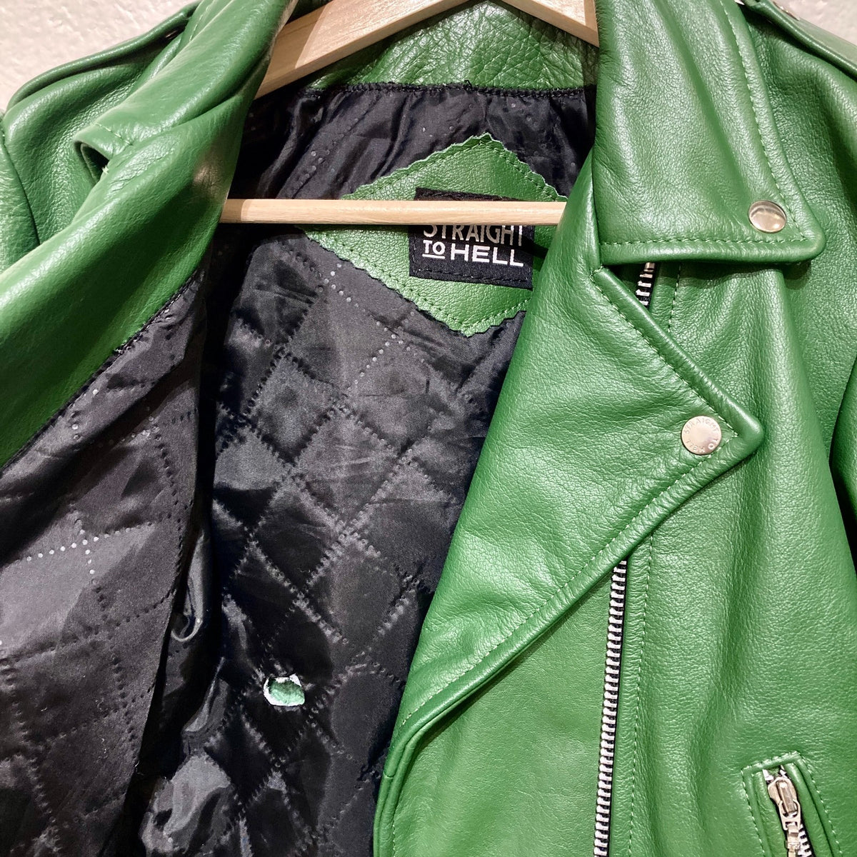 Straight To Hell Green Biker Motorcycle Leather Jacket - Size M - 0314GM