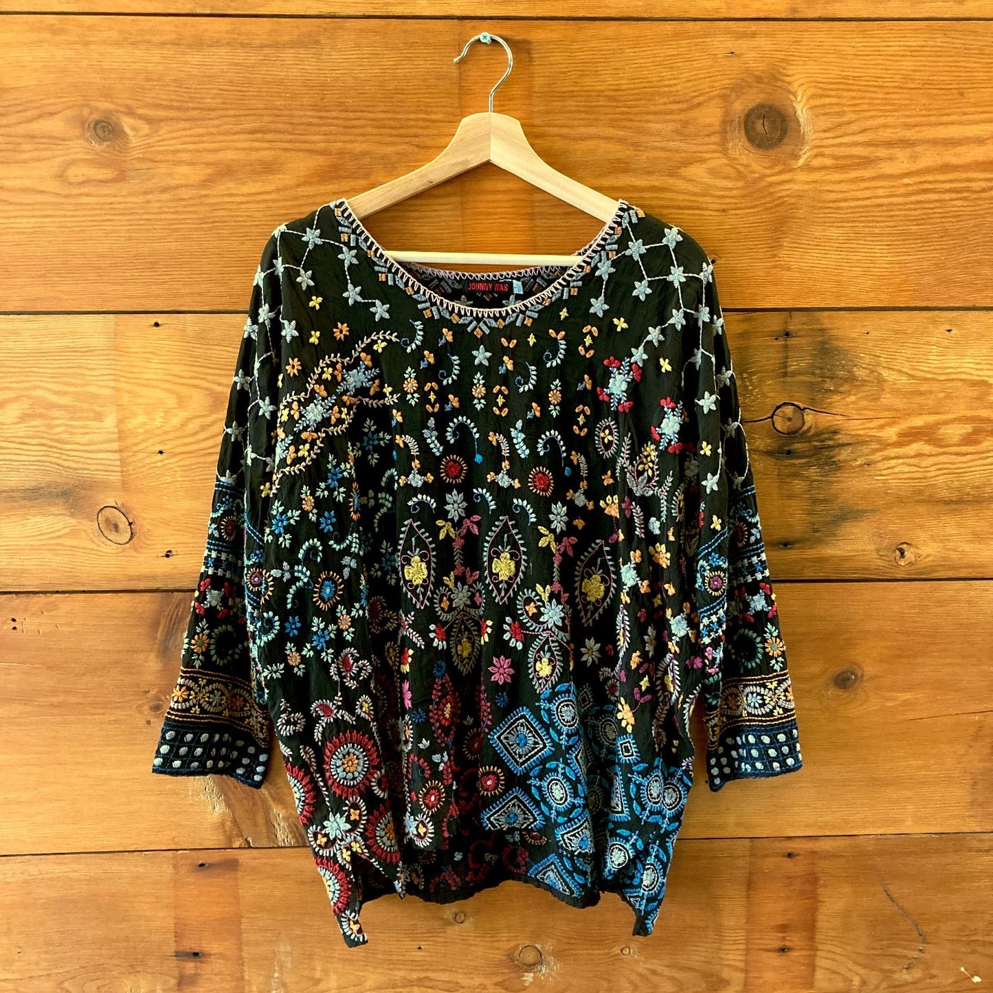 Johnny Was Black Embroidered Zora Stitchwork Tunic Blouse Top - Size L - 1209SH