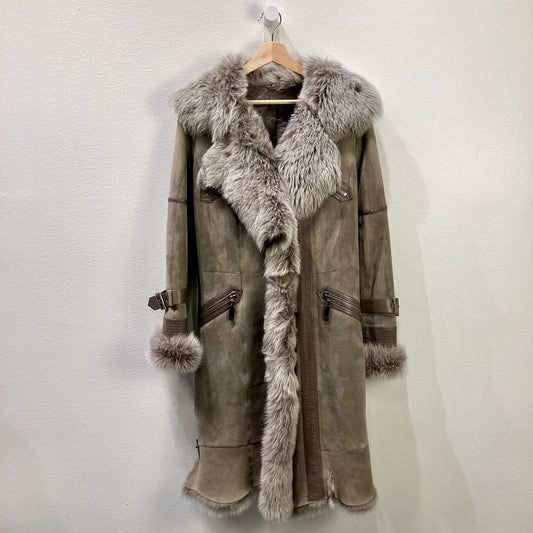 RIZAL Brown Shearling Fur Trim Collar Long Coat - Size S - 1017SC