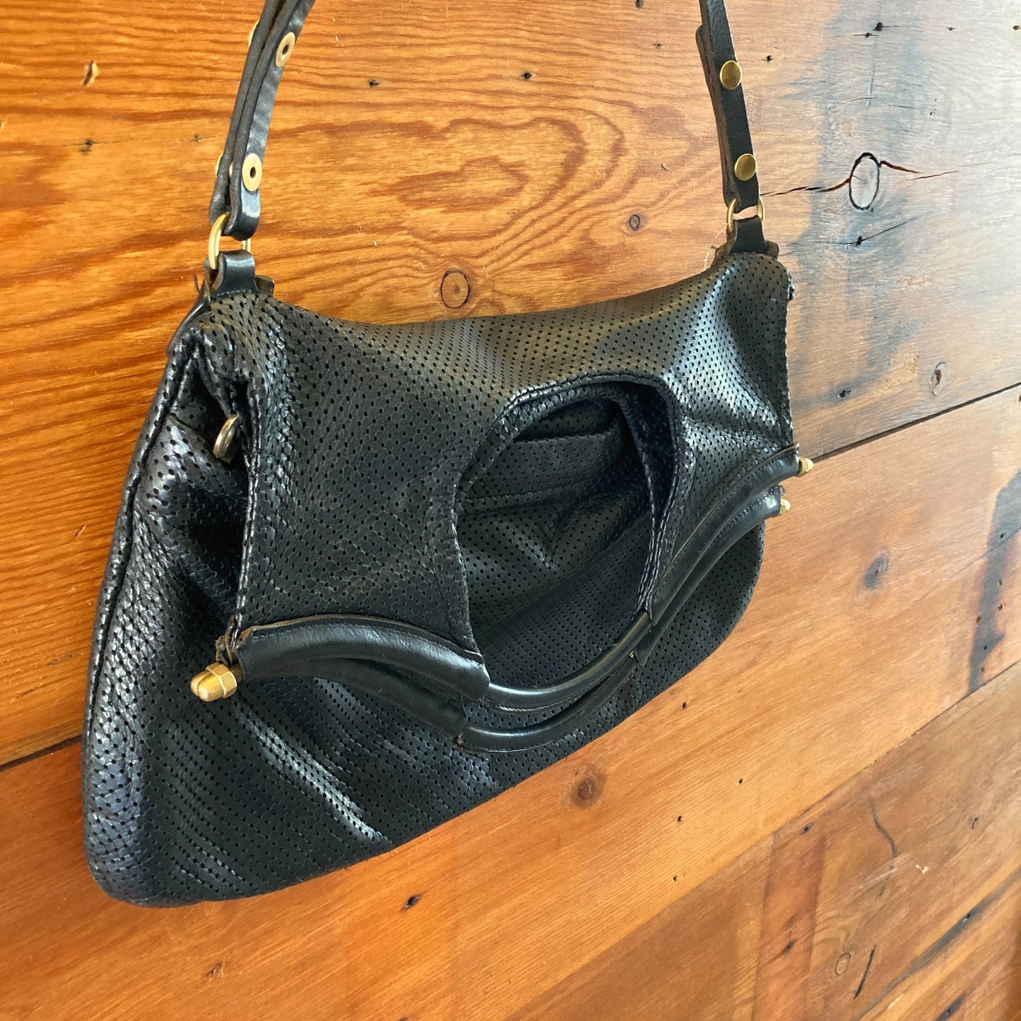 JAS M.B. London Black Perforated Leather Foldover Shoulder Purse - 0904NF