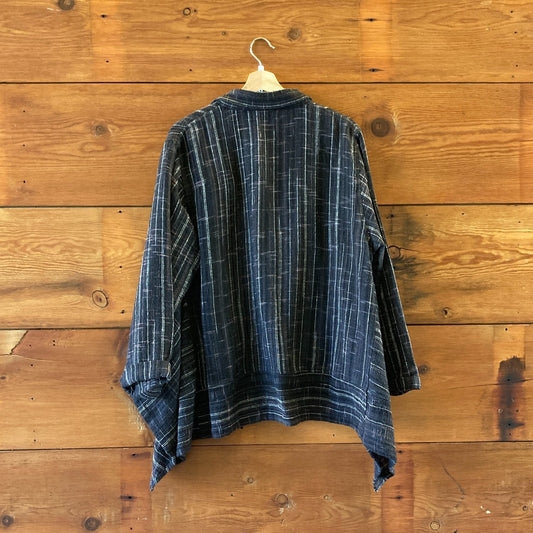 Yasuko Kurisaka Navy Patterned Woven Cotton Open Front Jacket - Size OS - 0212CG