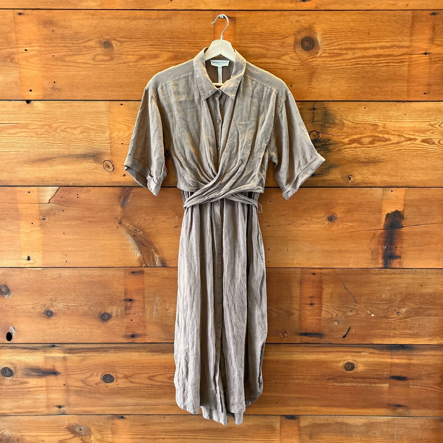 Apiece Apart Brown Linen Short Sleeve Tie Waist Button Dress - Size S - 1114LH
