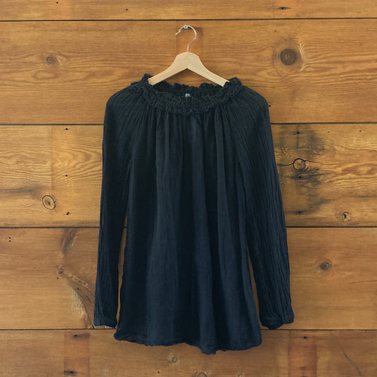 Raquel Allegra Black Sheer Frayed Hem Long Sleeve Shirt Top - Sz 0 / XS - 0410WJ