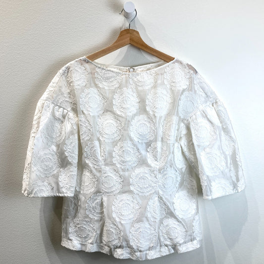 Pearl by Lela Rose White Sheer 3D Medallion Blouse Top - Size 6 - 0608BM