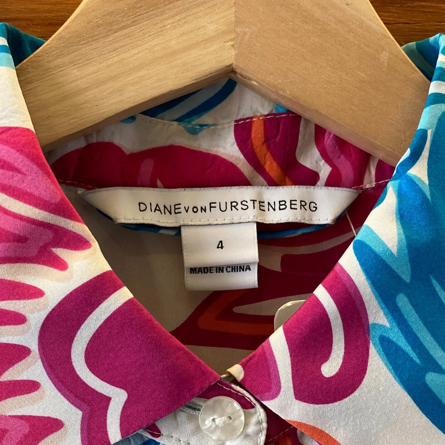 Diane Von Furstenberg Pink Blue Vibrant Print Prita Silk Shirt Dress - 0428OM