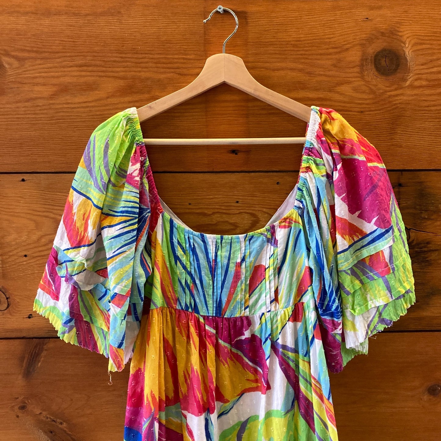 M - Farm Rio Multicolor Rainbow Leaves Print Open Back Midi Dress 1203TR