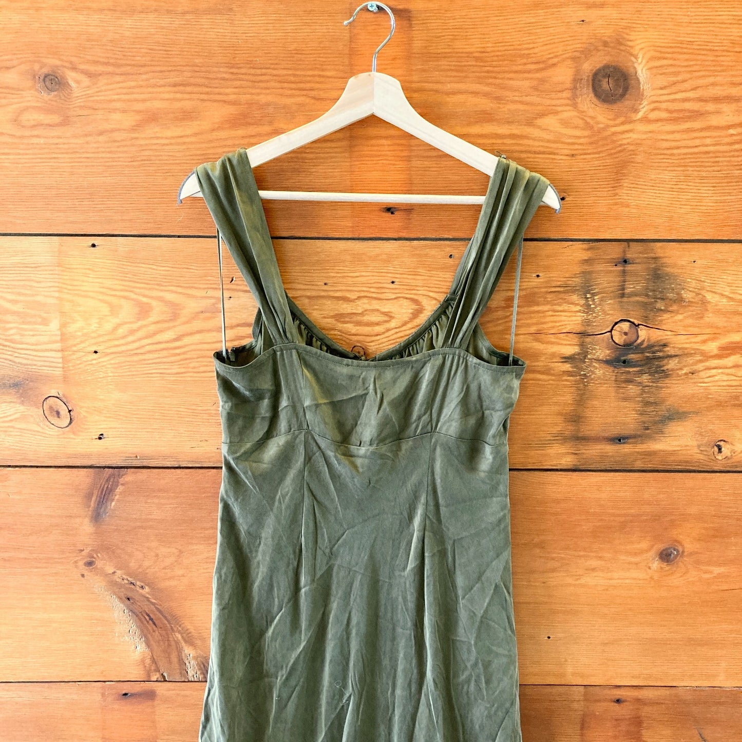 10 - Madewell $128 Olive Green Satin Square Neck Midi Length Dress NEW 0531AF