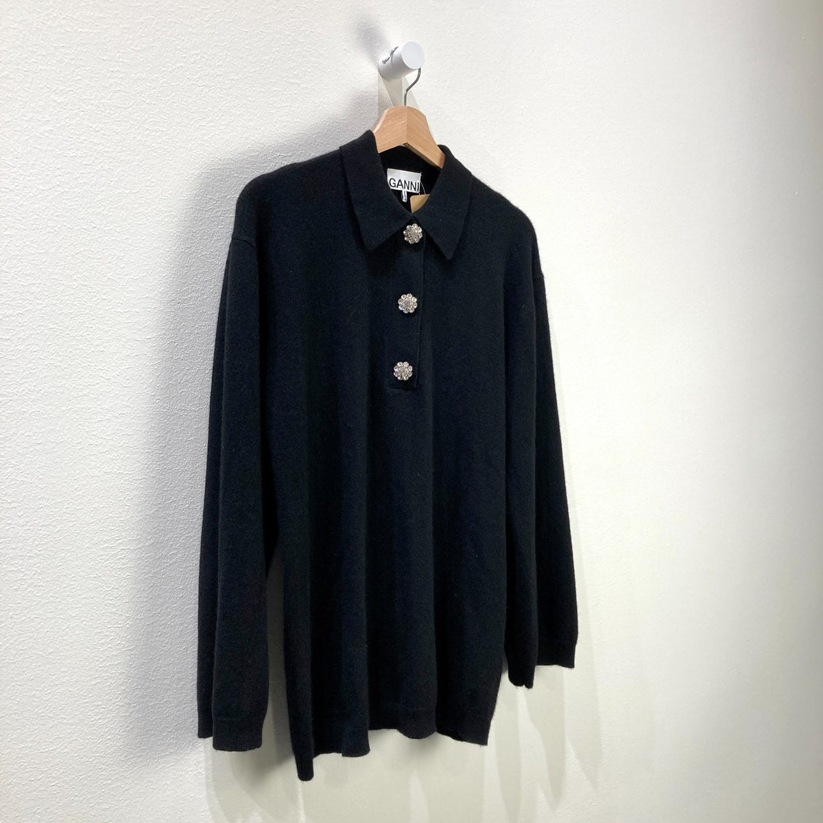 Ganni Black 100% Cashmere Jewel Button Neck Pullover Sweater - Size S / M 1205DA