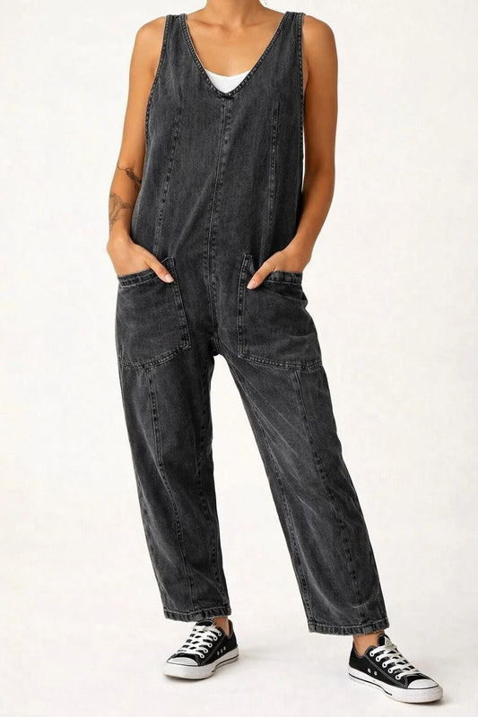 We The Free by Free People Black Denim High Roller Jumpsuit - Size XS - 0919KF
