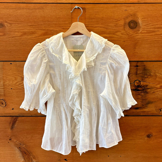 Dôen White Sheer Cotton Ruffled Neckline Short Sleeve Top - Size M - 1011SC