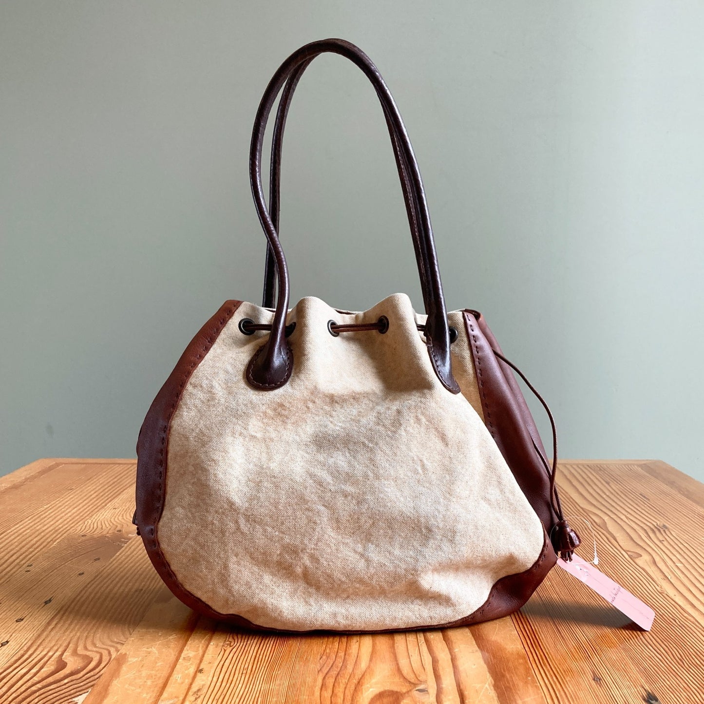 Henry Beguelin Brown Leather Natural Canvas Hobo Drawstring Shoulder Bag 0503MC