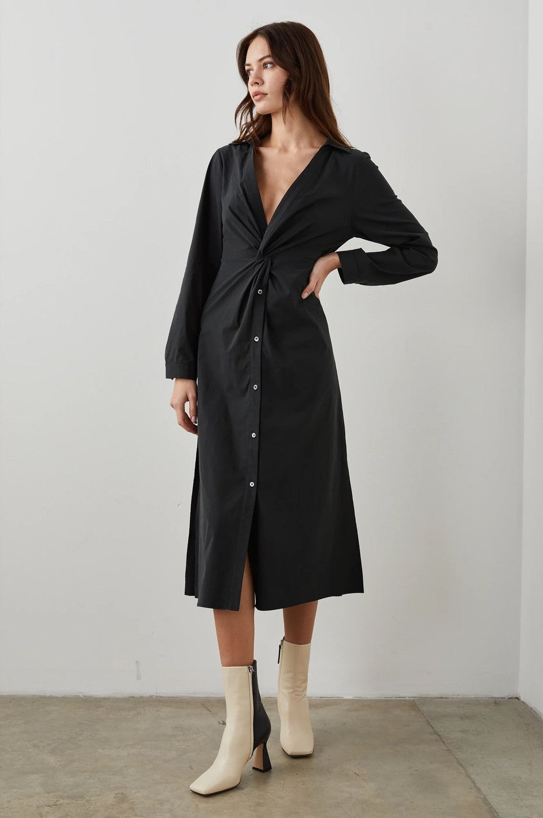 XS - Rails $347 Black Stretch Cotton Twist Front Midi Irie Shirt Dress 0225RH