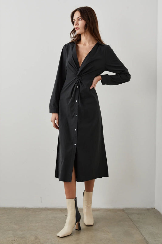 XS - Rails $347 Black Stretch Cotton Twist Front Midi Irie Shirt Dress 0225RH