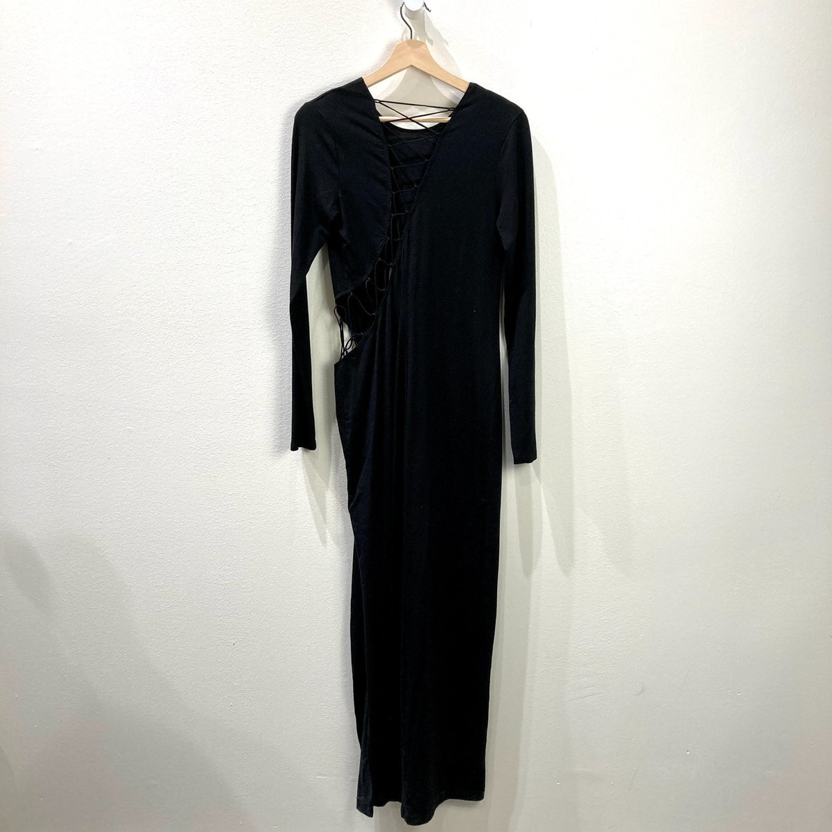 Reformation Black Long Sleeve Knit Corset Tie Cut Out Maxi Dress - Sz L - 0507AH