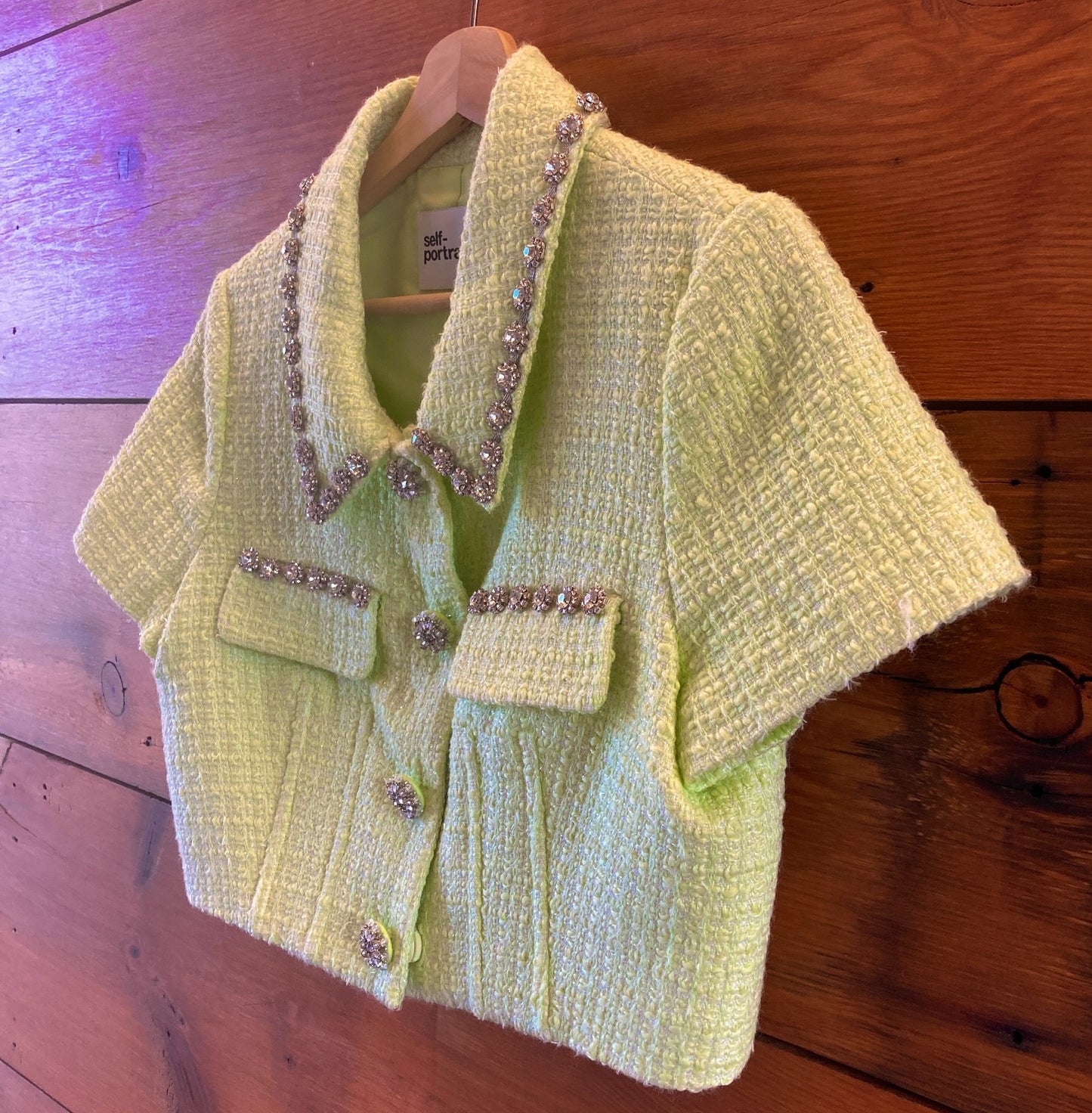 Self Portrait Pale Lime Green Crystal-Trim Tweed Crop Jacket - Size 8 - 1016LD
