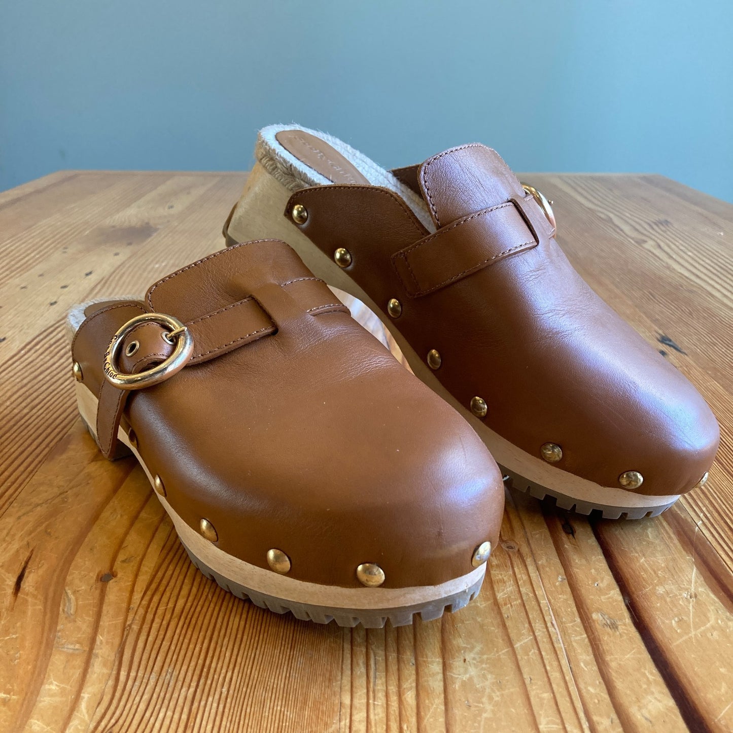 See by Chloe Cognac Brown Leather Studded Viviane Clogs - Size 40 / 9.5 - 0131AG