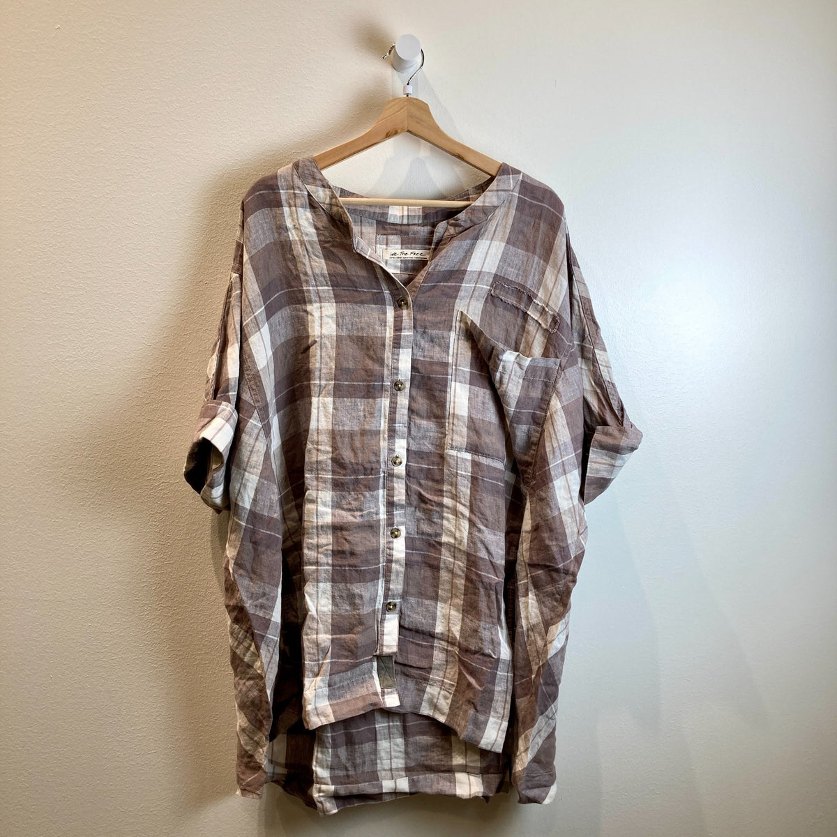 We the Free People $198 Gray Plaid Linen Button Up Top - Size XL - NEW - 1122CT