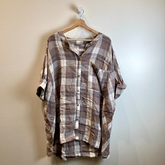 We the Free People $198 Gray Plaid Linen Button Up Top - Size XL - NEW - 1122CT