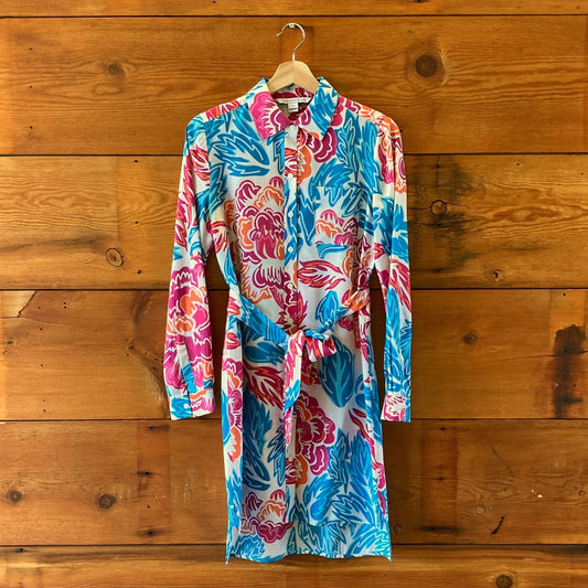 Diane Von Furstenberg Pink Blue Vibrant Print Prita Silk Shirt Dress - 0428OM