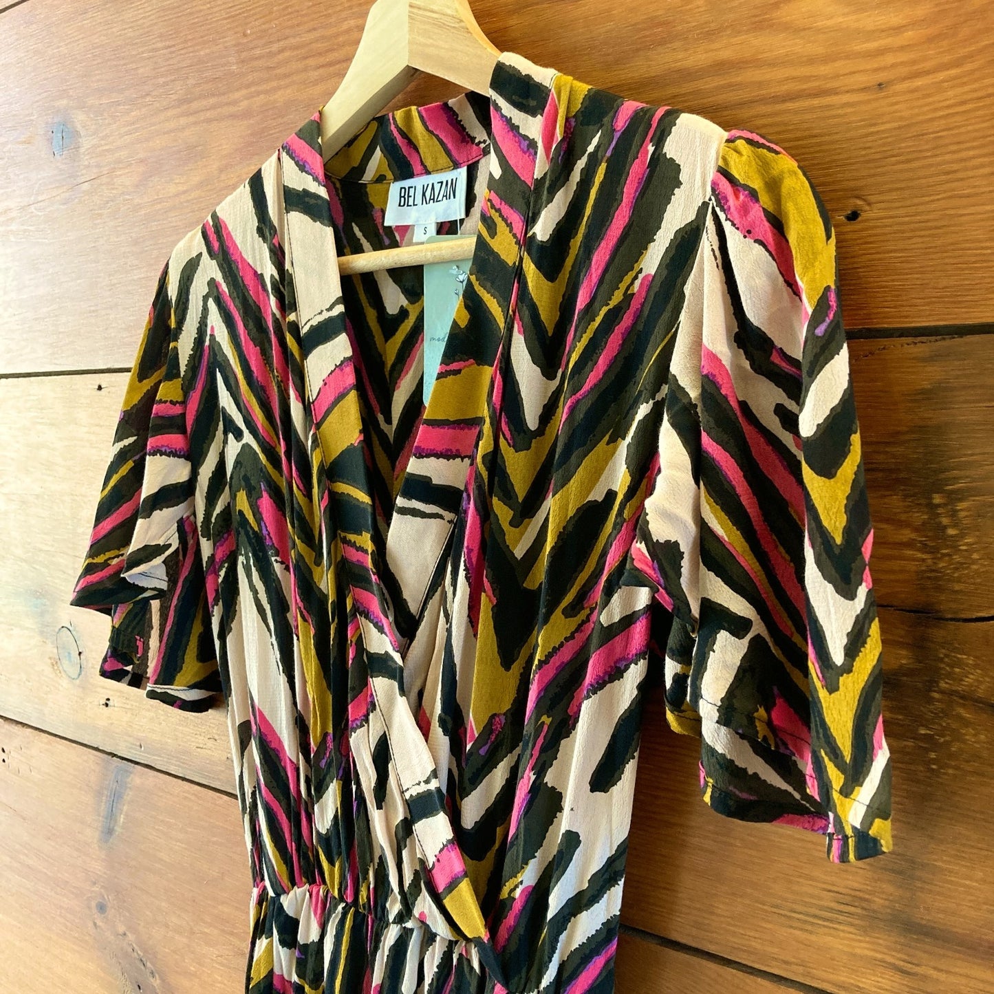 Bel Kazan Anthropologie Pink Black Print V-Neck Midi Dress - Size S - 0718DK