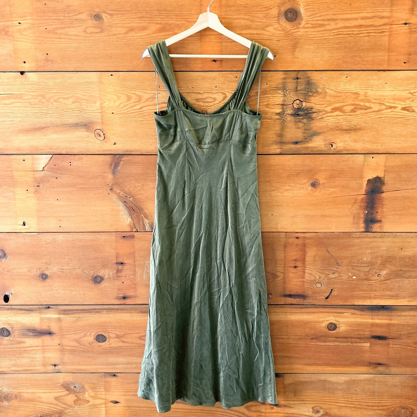10 - Madewell $128 Olive Green Satin Square Neck Midi Length Dress NEW 0531AF