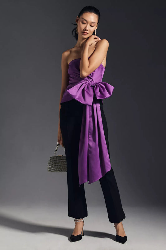 L - ATSU Purple Strapless NEW $168 Giant Bow Holiday Tube Top Shirt 1215KM