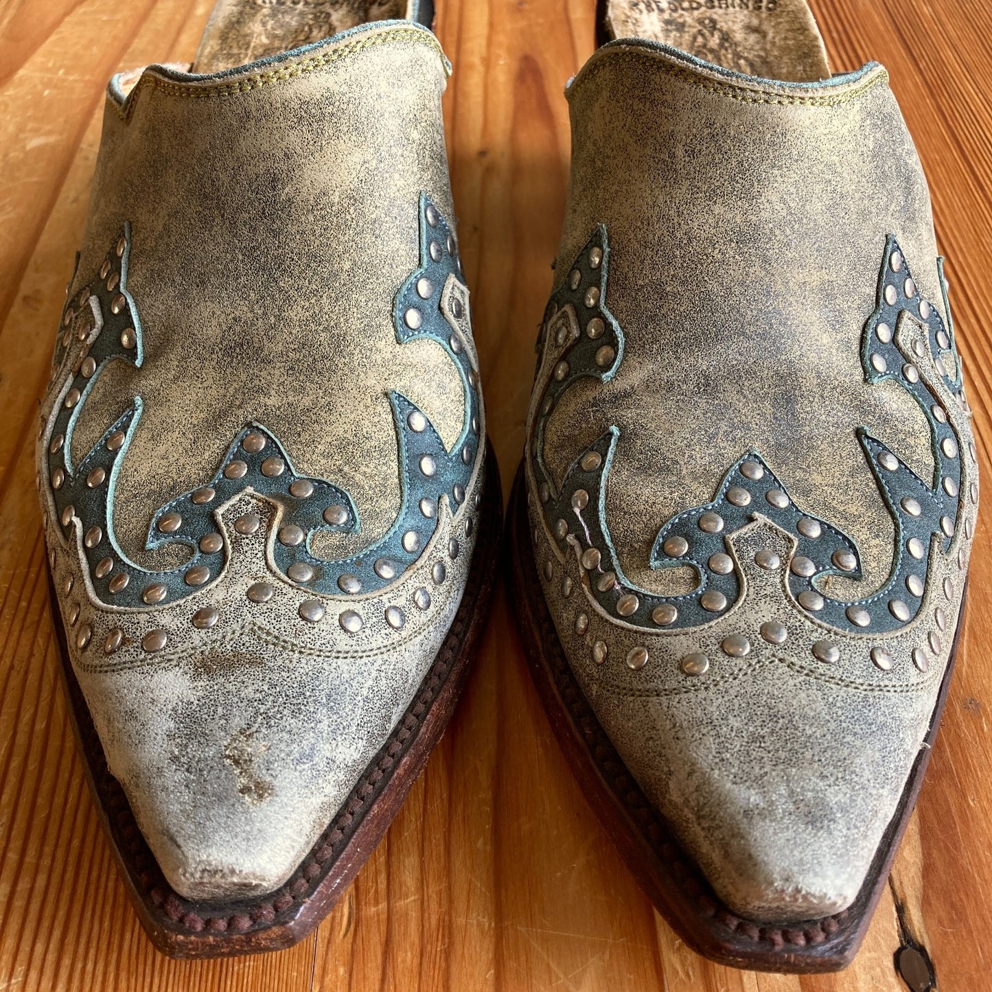 The Old Gringo Green Gray Studded Western Mules Shoes - Size 37 / 7 - 0527KM
