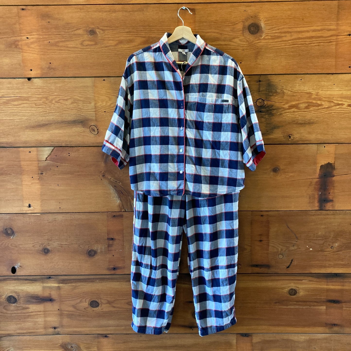 LUNYA Navy Check Flannel Pajama Shirt Shorts Pants 3 Piece Set - Size S - 0312IG