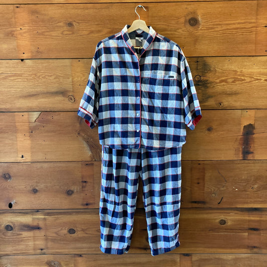 LUNYA Navy Check Flannel Pajama Shirt Shorts Pants 3 Piece Set - Size S - 0312IG