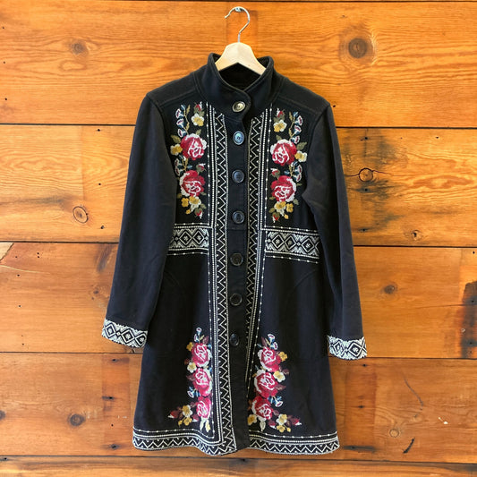 S - Johnny Was Black Embroidered Cross Stitch Joy Military Jacket 1022SW