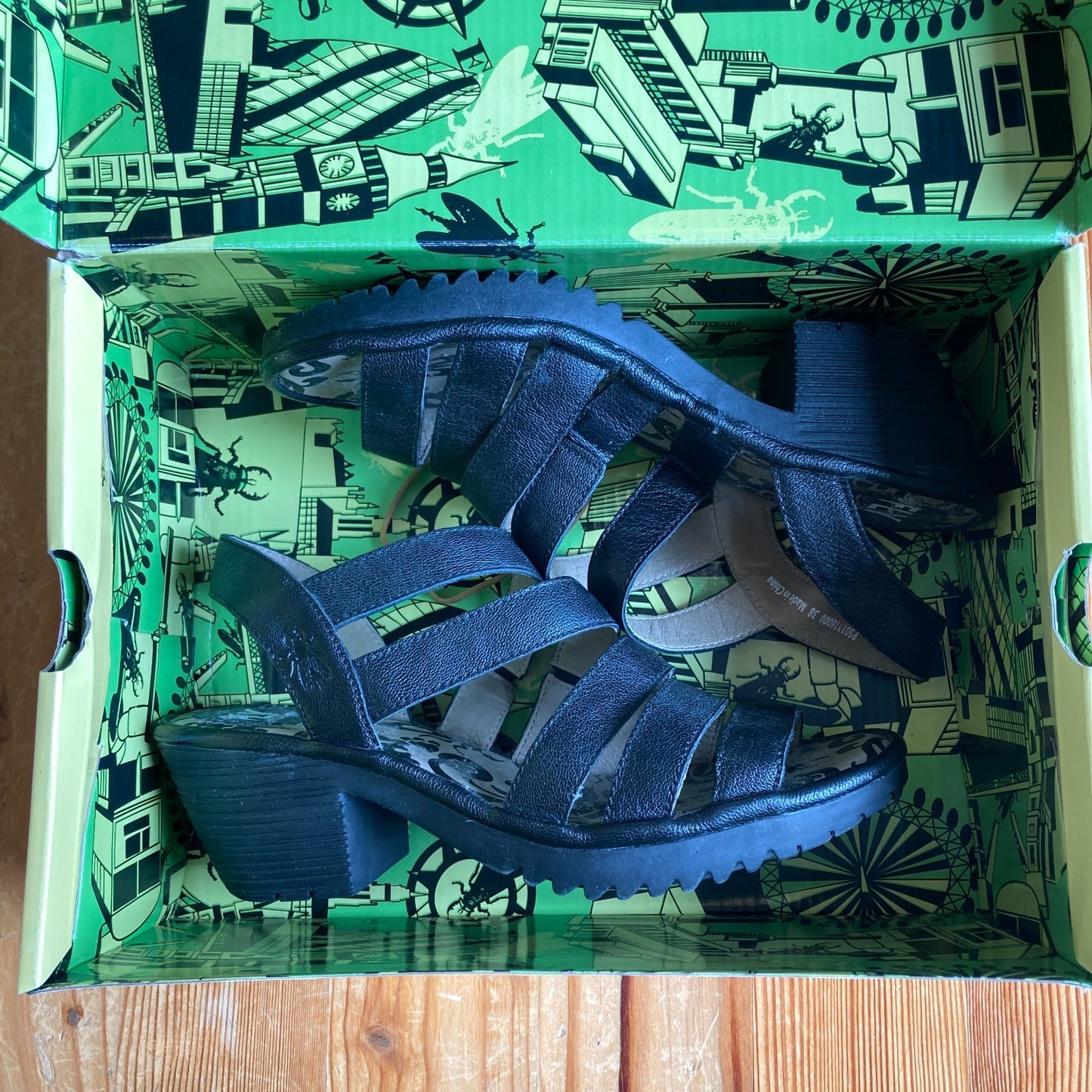 Fly London Black Strappy Heel Shoes Sandals w/ Box - Size 38 / 7.5 - 8 - 0718MS