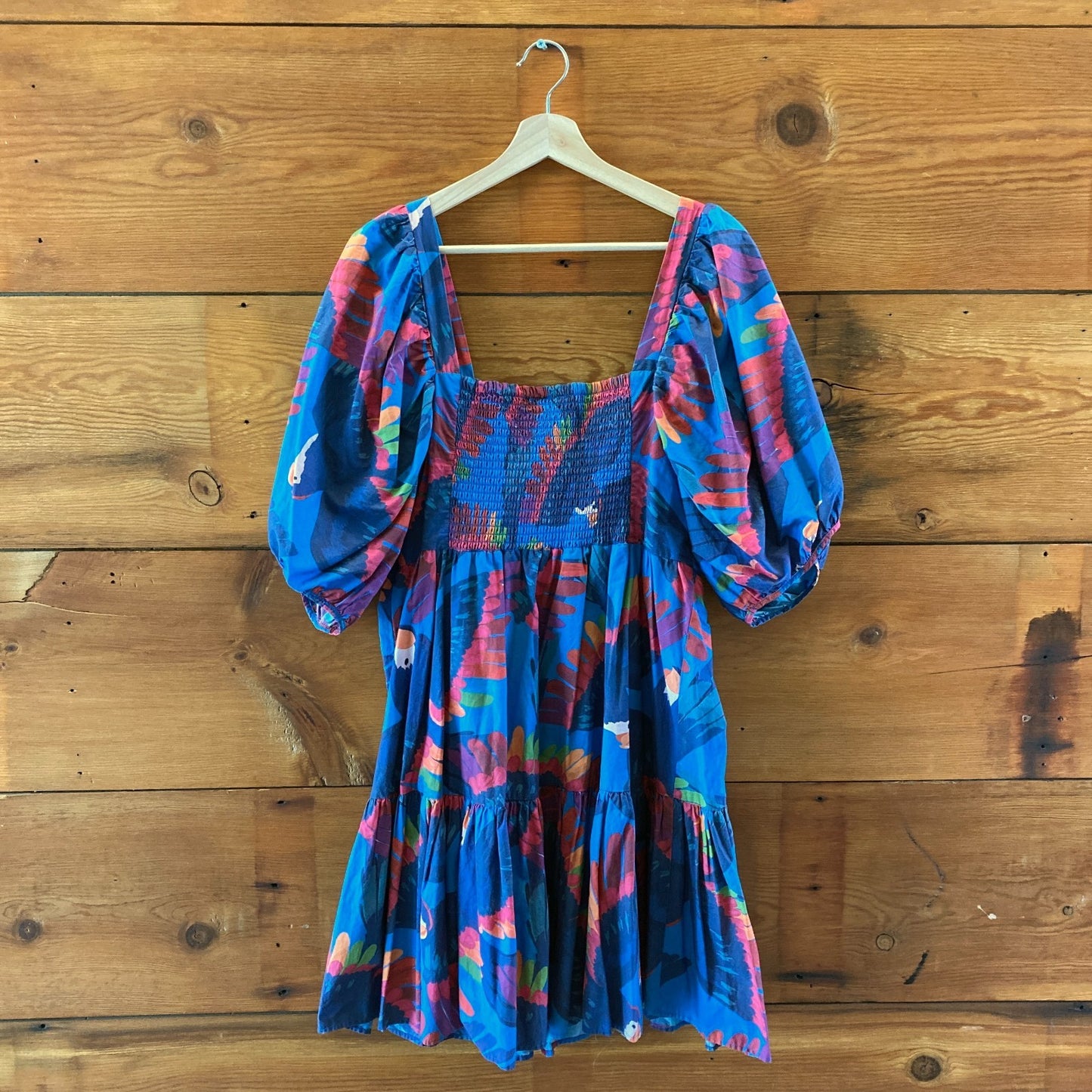 Farm Rio Blue Rainbow Macaw Print Puff Sleeve Mini Dress - Size XL - 0218NM