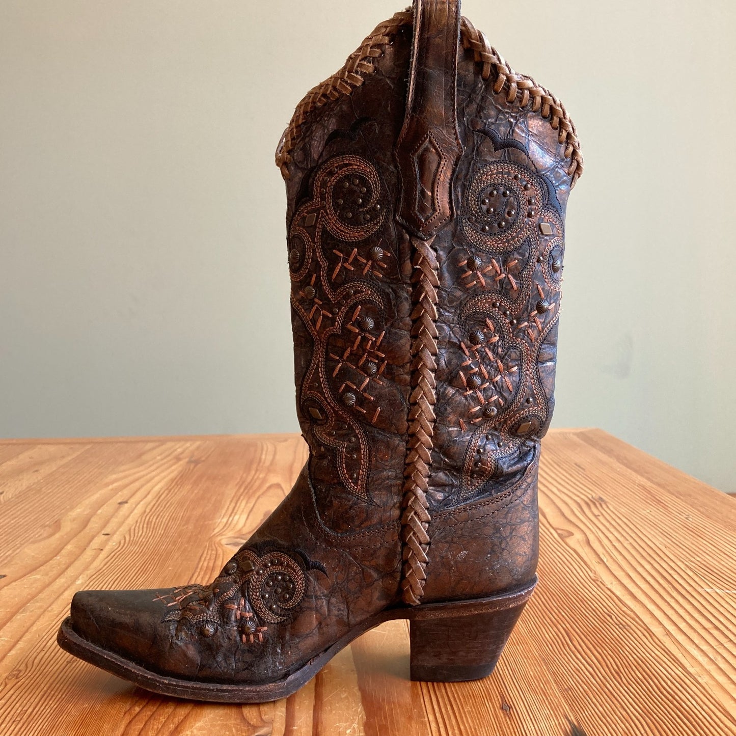 Corral Brown Leather Embroidered Braided Seam Western Boots - Size 7 - 0811GR