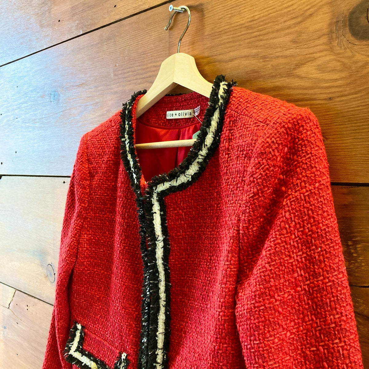 Alice + Olivia Ruby Red Landon Cropped Tweed Jacket - Size M - 1029SB